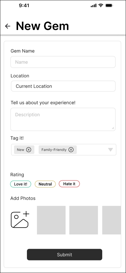 Participants can add information on a new gem, including its name, location, description, tags, rating, and photos.